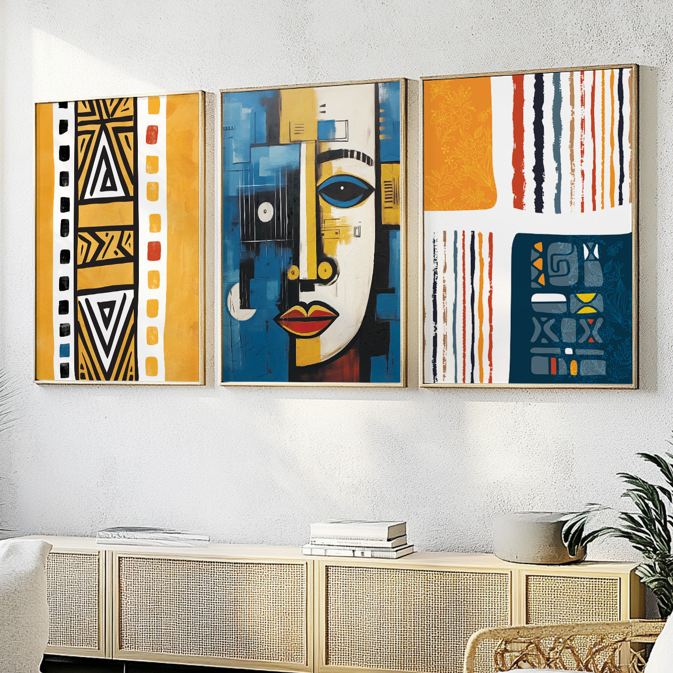 Navy Blue & Yellow African Art Set of 3 – Abstract & Ethnic