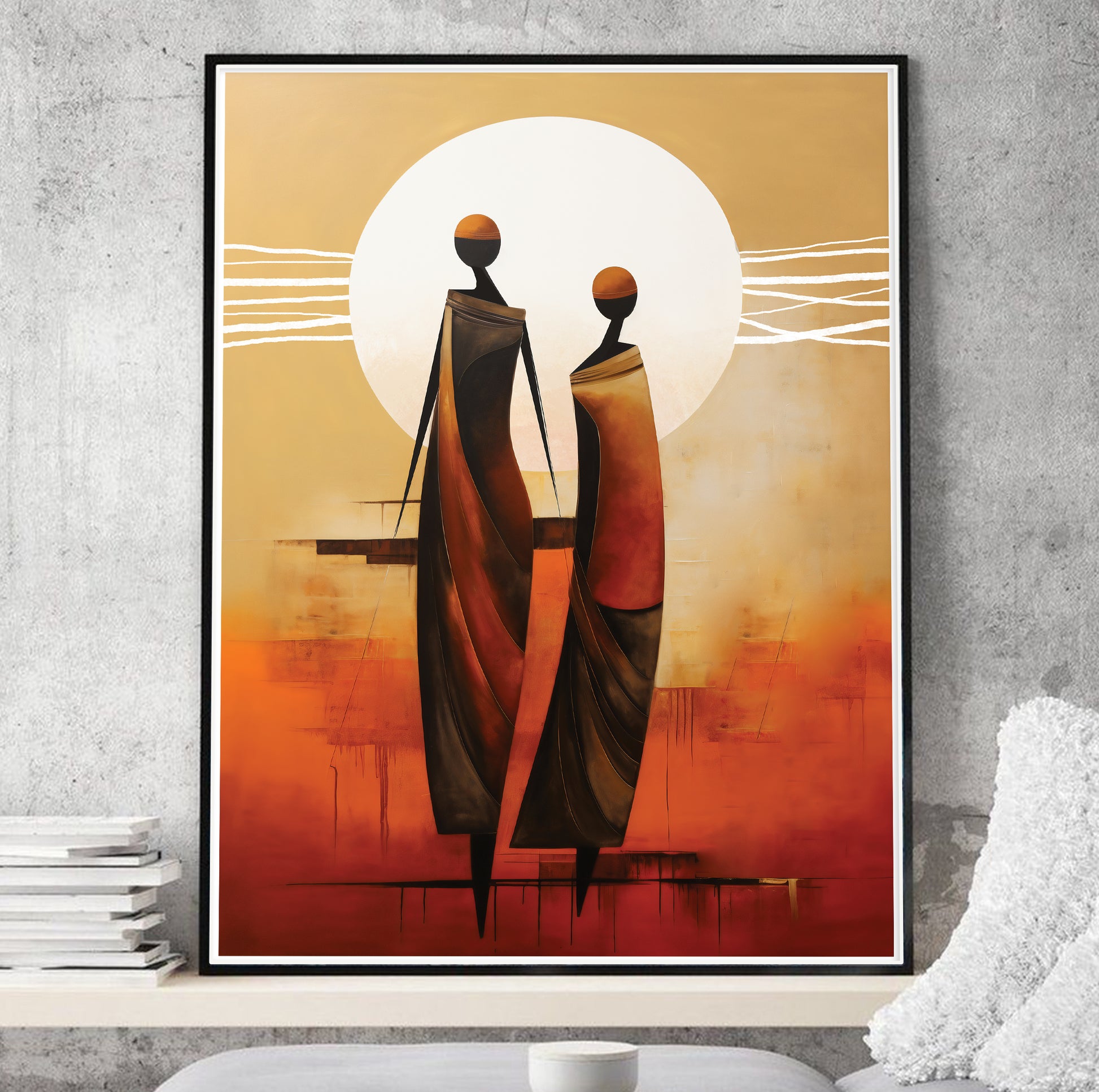 Modern minimalist African art print – neutral abstract female figures, extra large ethnic poster, home decor gift