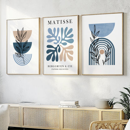 Set of 3 Matisse wall art. Mid century modern neutral above bed art. Trendy botanical print, large gallery wall set for living room, bedroom