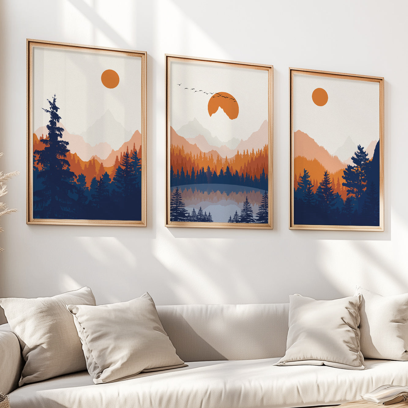 Minimalist Abstract Mountain Art Set of 3 – Orange and Deep Blue Landscape Poster for Aesthetic Decor