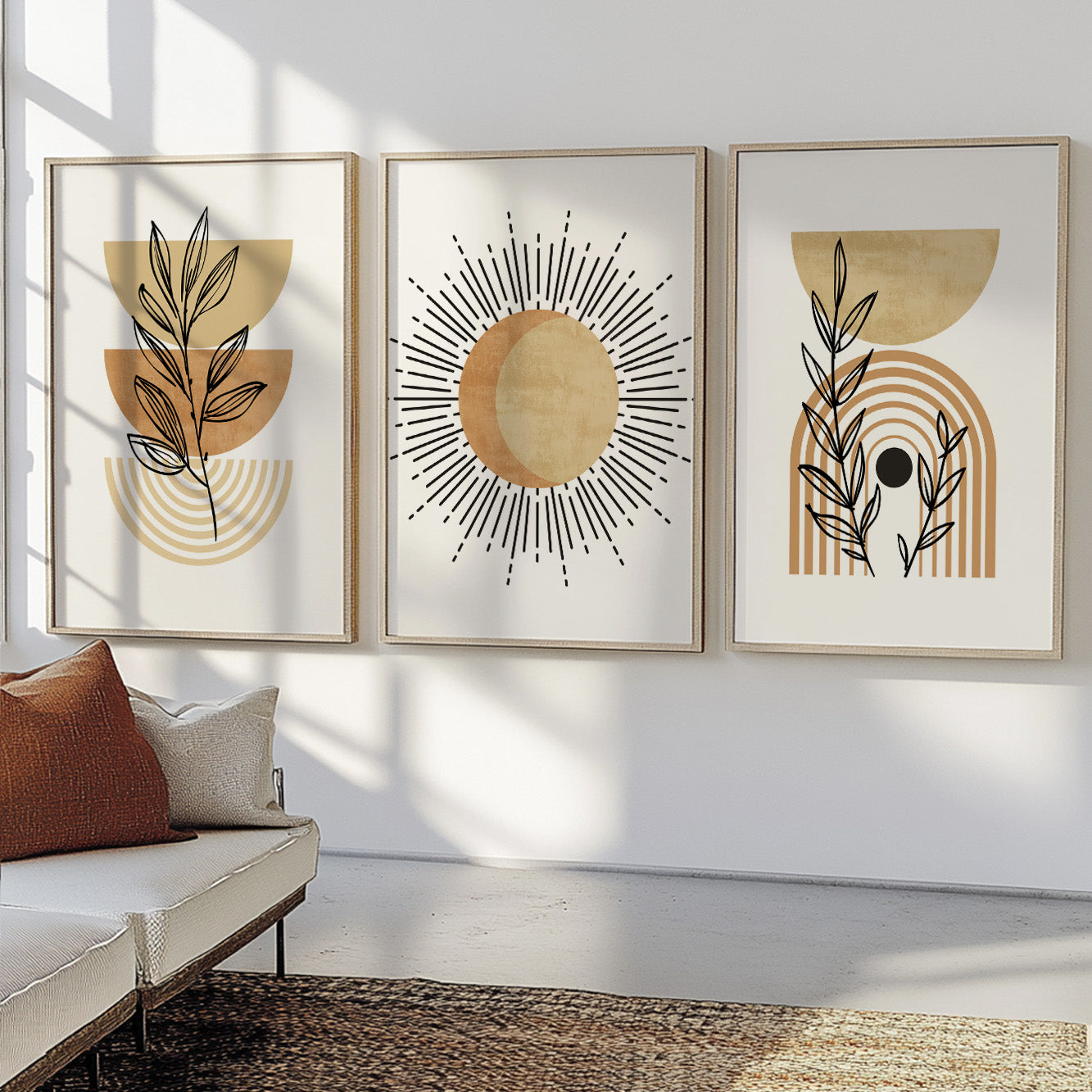 Terracotta beige boho wall art set of 3 print. Mid century modern wall art posters. Neutral above bed art, large gallery wall set