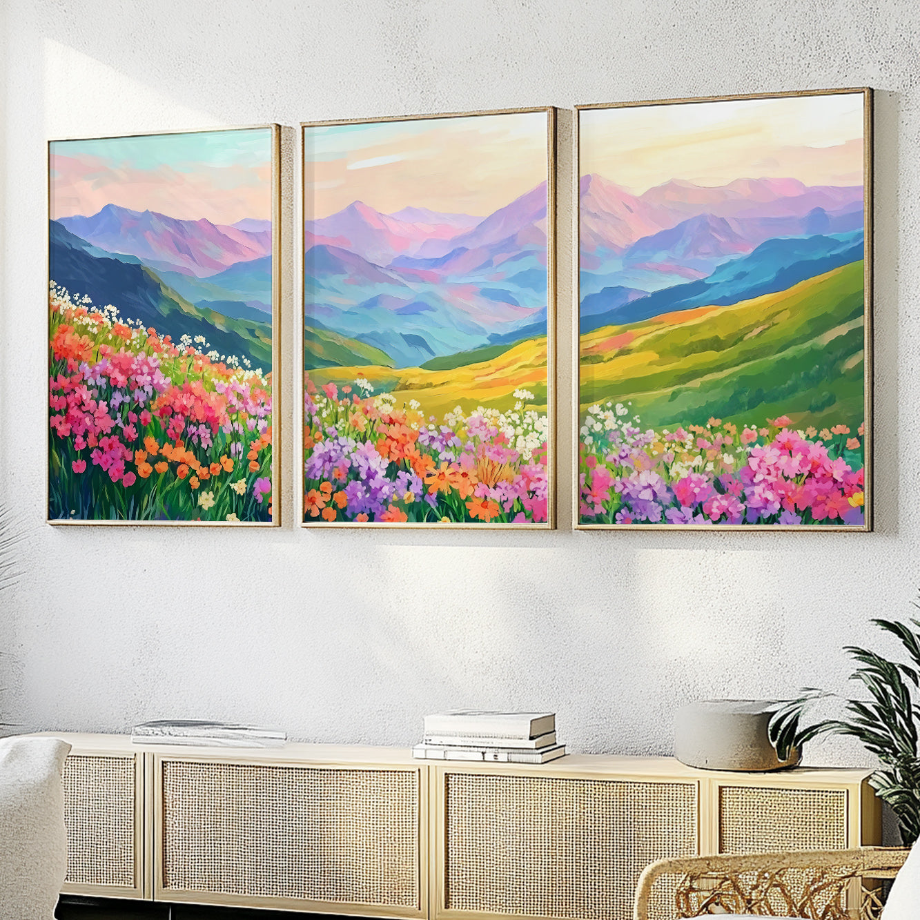 Colorful Mountain Wall Art Set – Wild Flowers Landscape Prints for Modern Boho Aesthetic Decor