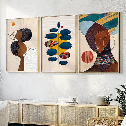 Modern abstract African American art set of 3 – ethnic black couple portraits, colorful minimalist bedroom wall art