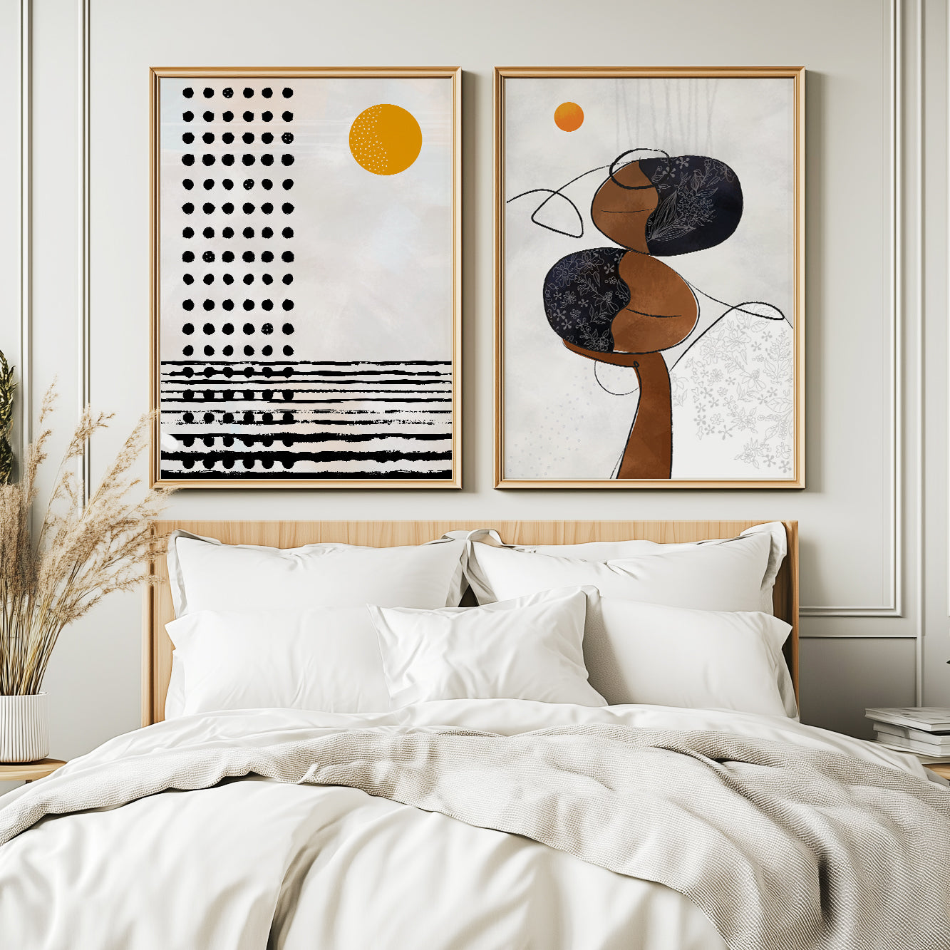 Neutral mid-century modern African American art – abstract black woman portrait set of 2 prints for living room gallery wall decor