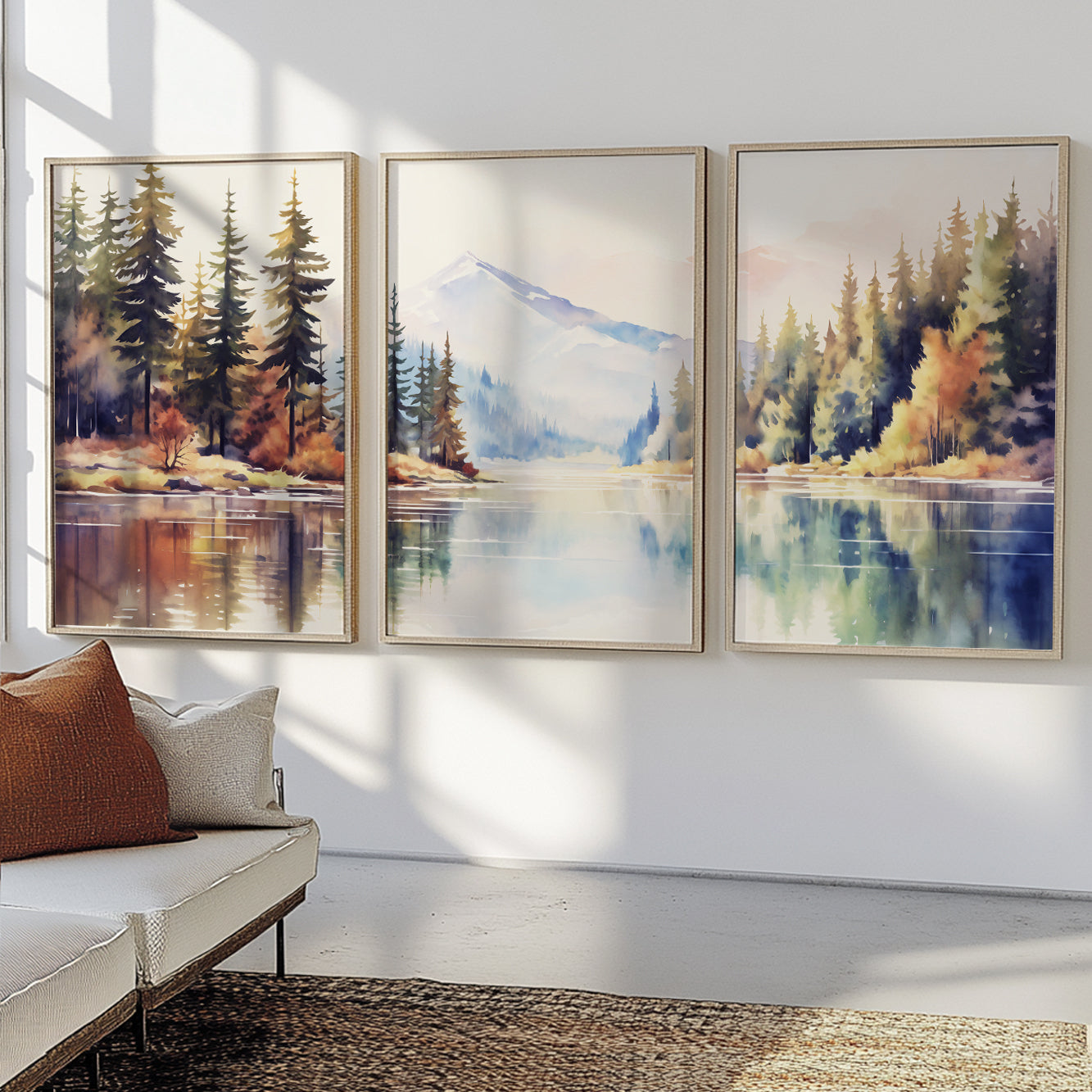 Neutral Nordic Mountain Lake and Forest Wall Art Set of 3 – Modern Nature Room Decor