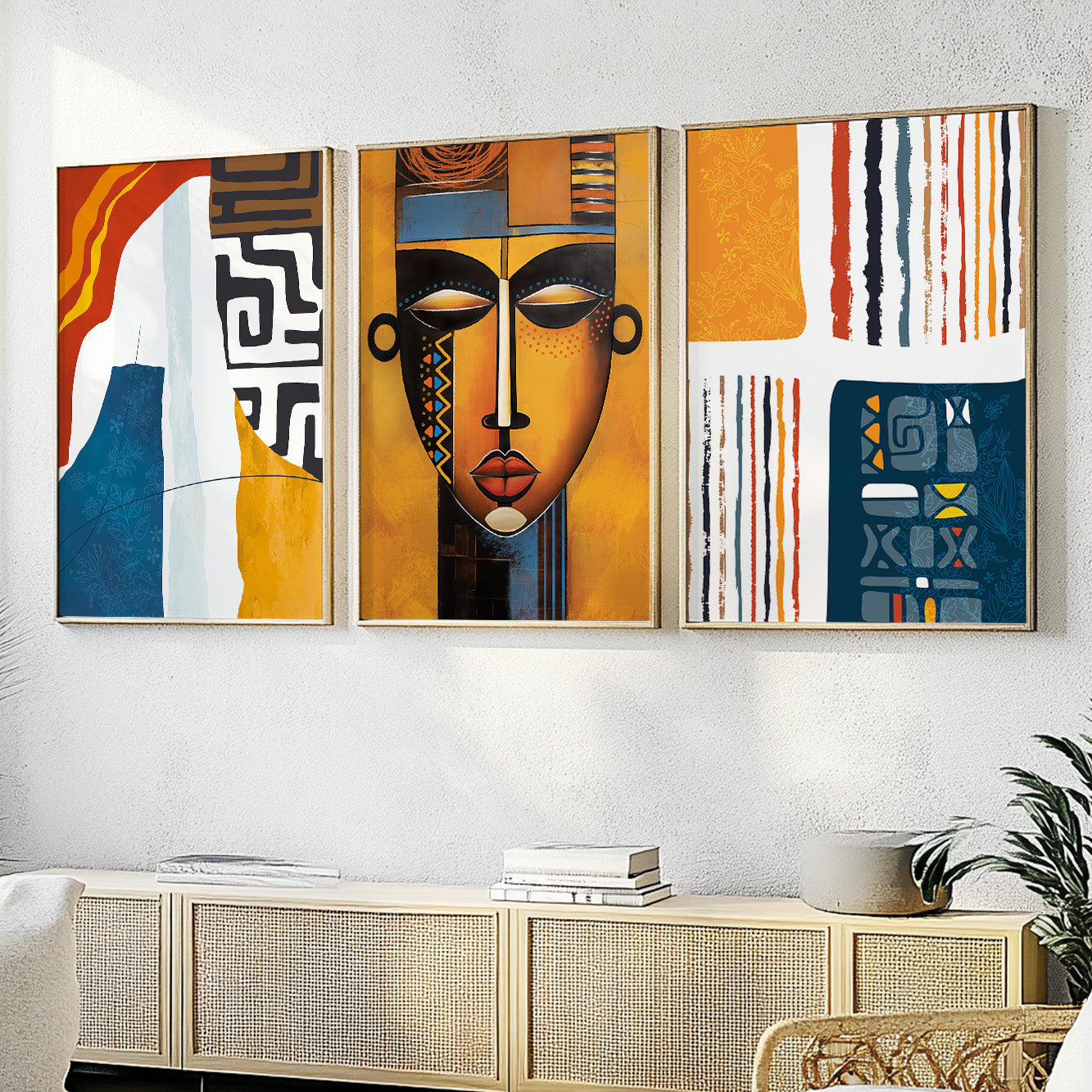 Modern ethnic African art set, 3-piece abstract African American gallery wall set for aesthetic room decor