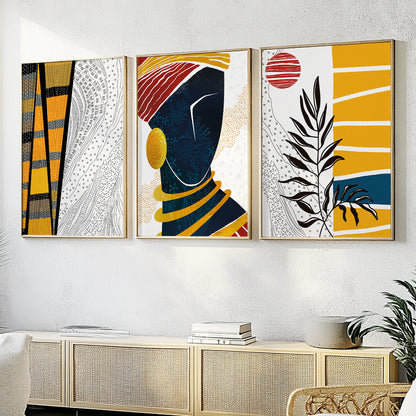 Modern black woman art set – abstract ethnic prints, bright African minimalist girl face drawing, home gift idea