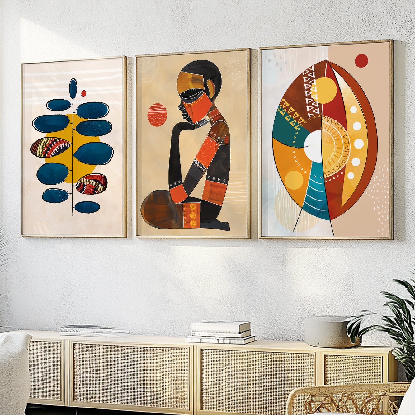 Ethnic gallery wall set – modern abstract African wall art set of 3 prints, contemporary minimalist above bed decor