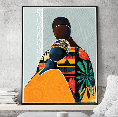 Colorful abstract black lovers print – contemporary African couple silhouette for bedroom wall art