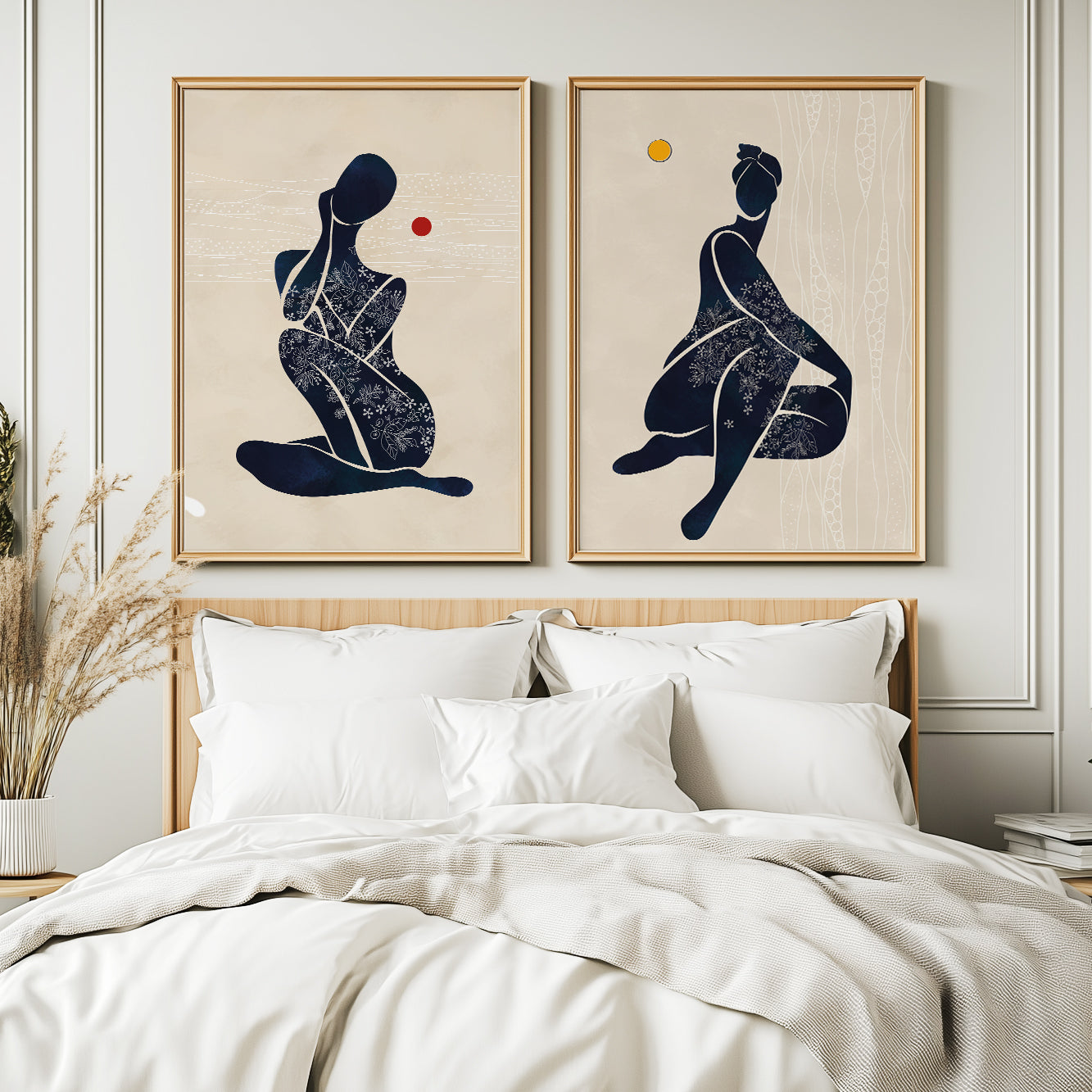 Minimalist black woman wall art – modern neutral African American portrait set of 2 for bedroom or living room