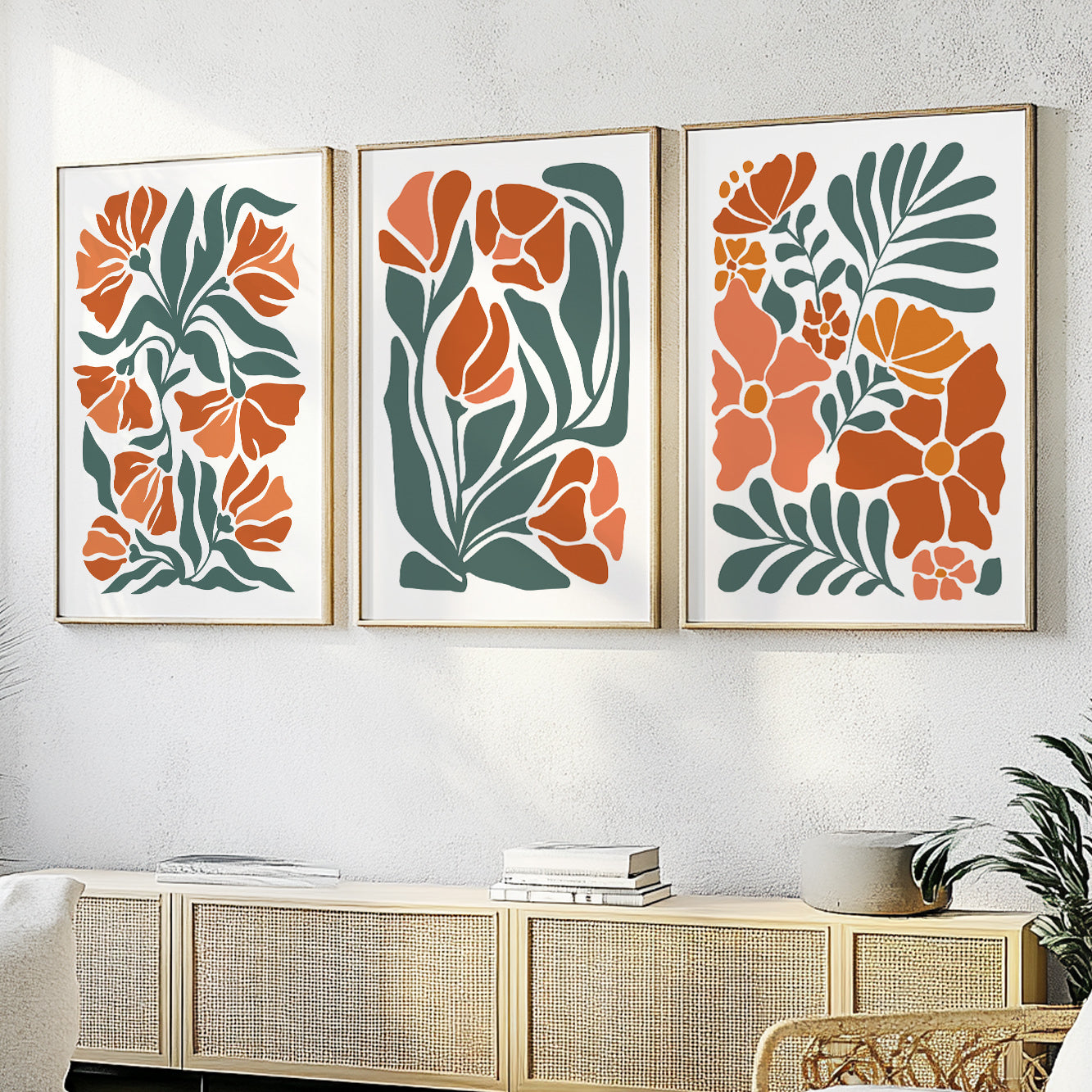 Boho floral set of 3 print. Light Terracotta minimalist botanical mid century gallery wall set, vintage trendy bedroom wall art prints