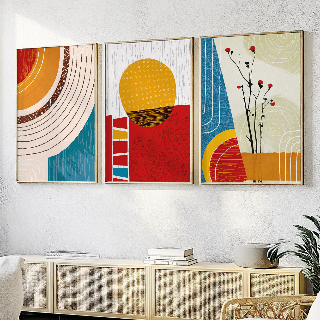 Colorful abstract African wall art set – 3 modern minimalist prints for aesthetic living room or bedroom