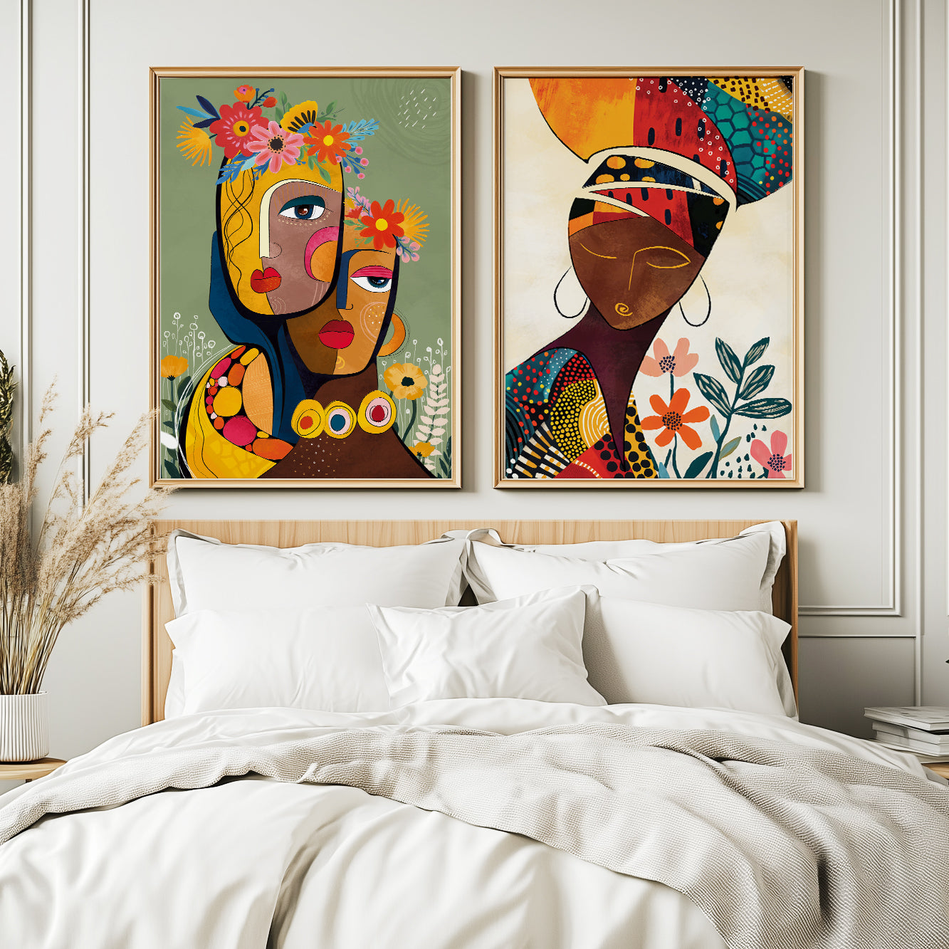 Set of 2 bright African American art prints, tribal black woman face wall decor