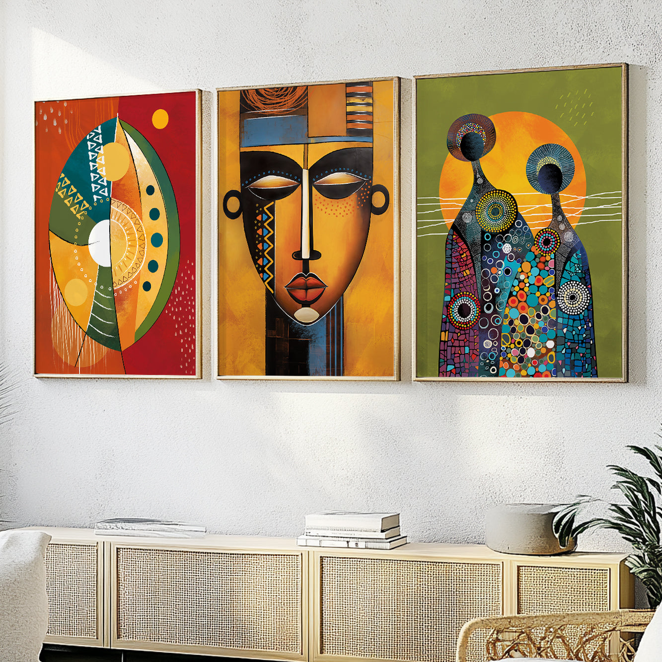 Modern abstract African American art set, 3 black prints for colorful minimalist above bed wall decor