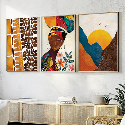 Minimalist African American art set of 3 – contemporary abstract black women portraits, colorful gallery wall decor for bedroom or living room