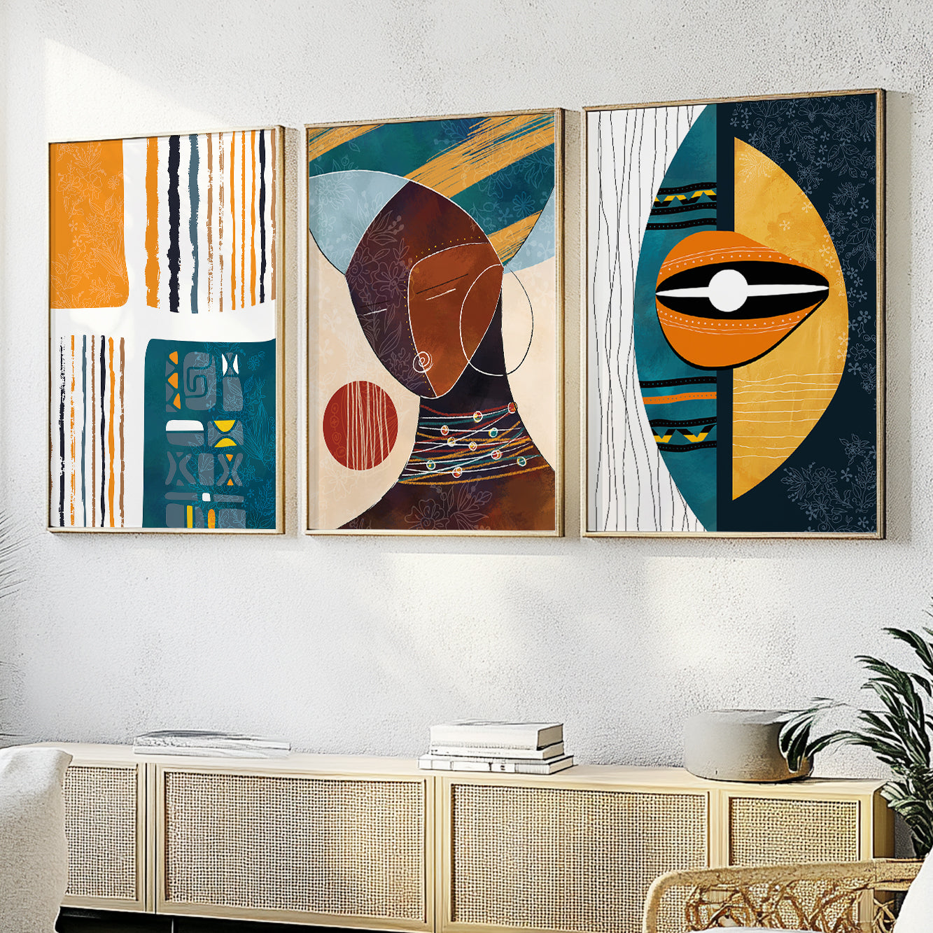 Modern abstract African art set of 3 – colorful black woman portraits for contemporary above bed decor