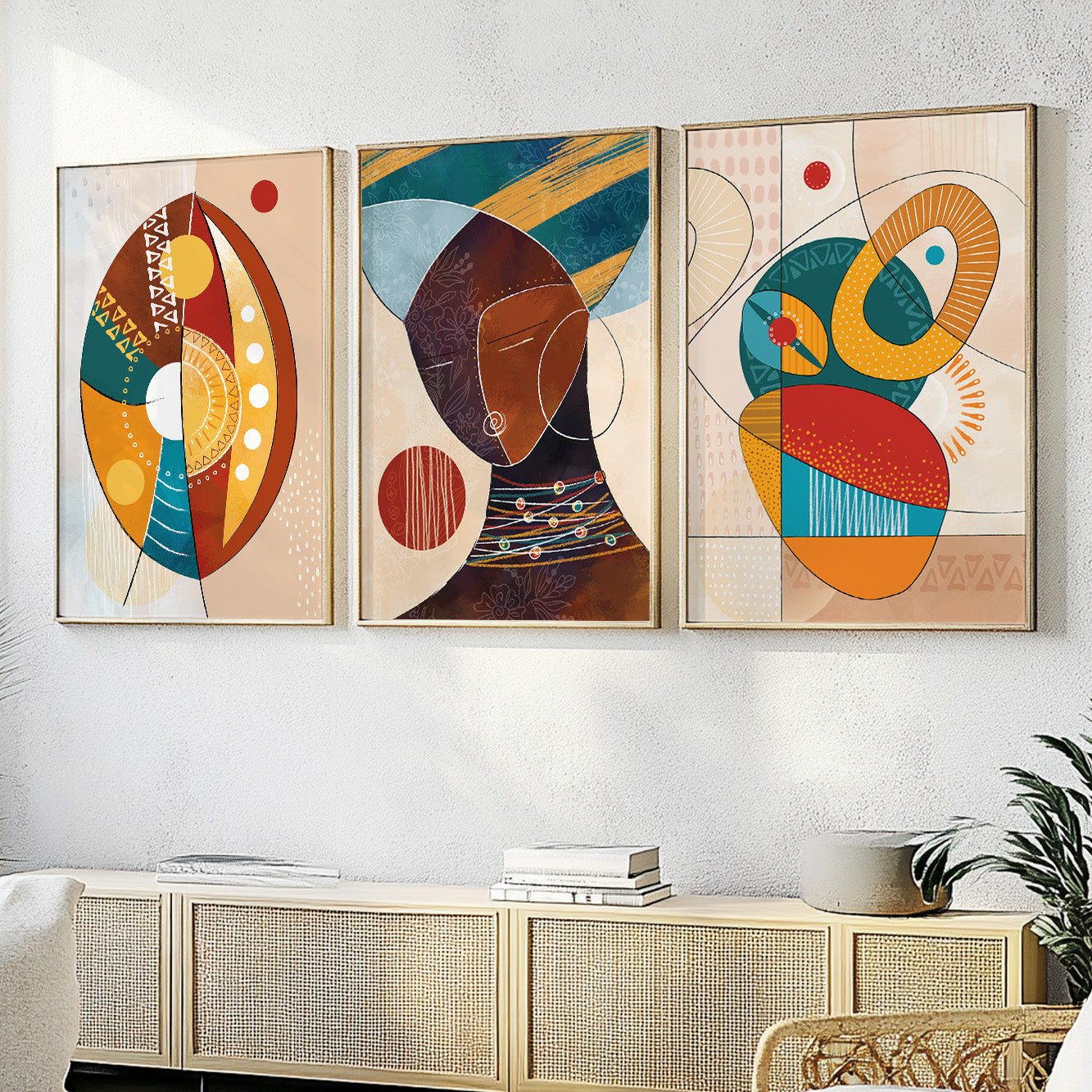 Colorful African American gallery wall set, 3 bright abstract black women portrait prints