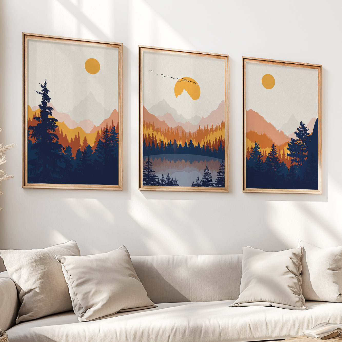 Set of 3 Minimalist Mountain Wall Art – Terracotta Navy Blue Nature Prints, Large Landscape Art for Gallery Wall