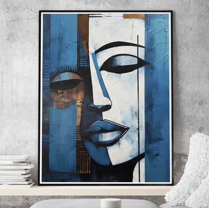 Modern navy blue grey abstract painting – woman portrait, minimalist living room decor