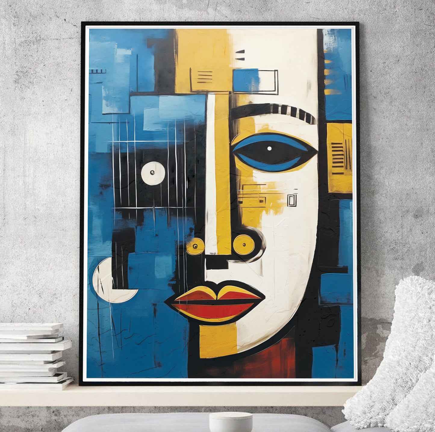 Abstract African wall art – navy blue and yellow print for minimalist living room aesthetic