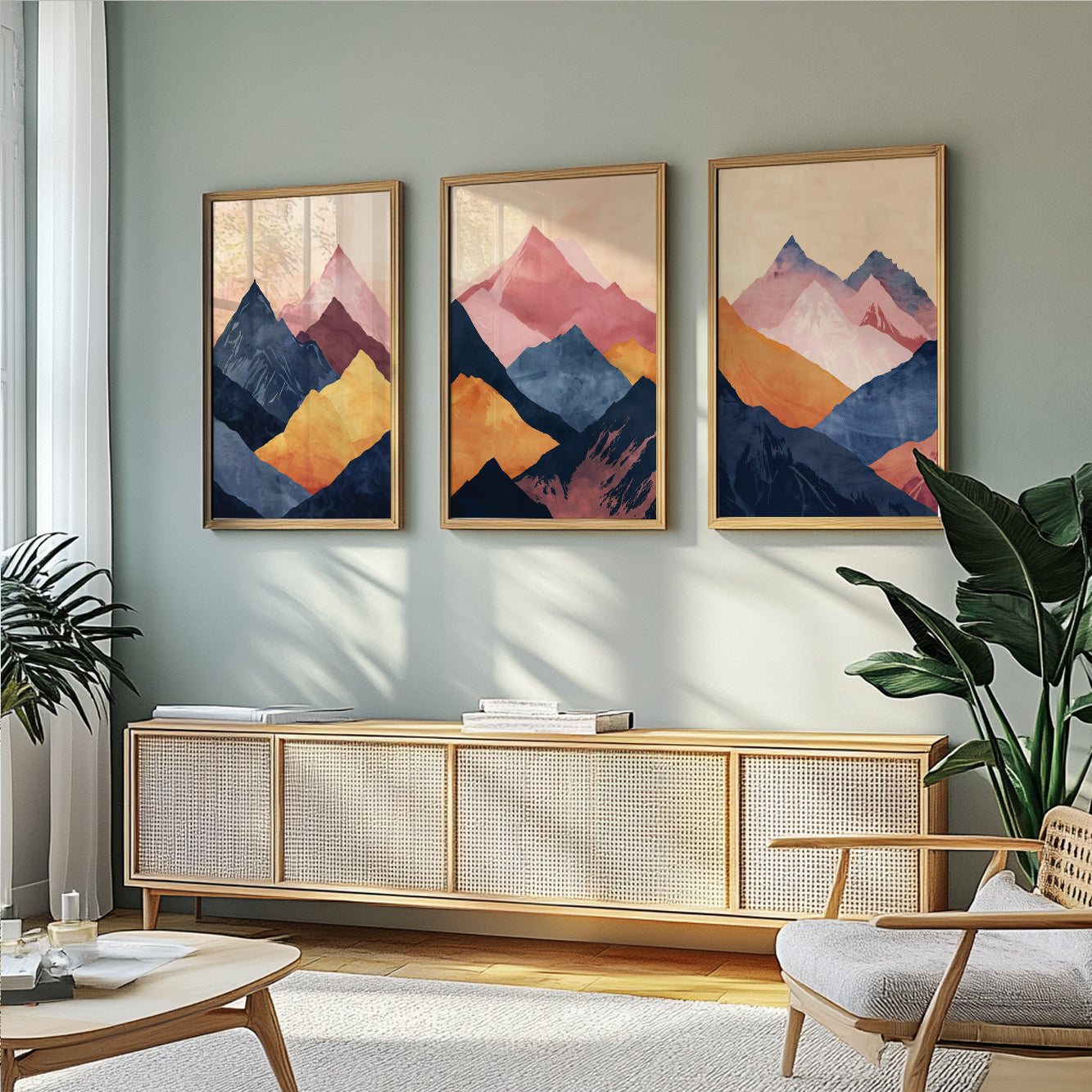 Vibrant Abstract Mountain Gallery Wall Set of 3 – Navy Blue Pink Landscape Prints