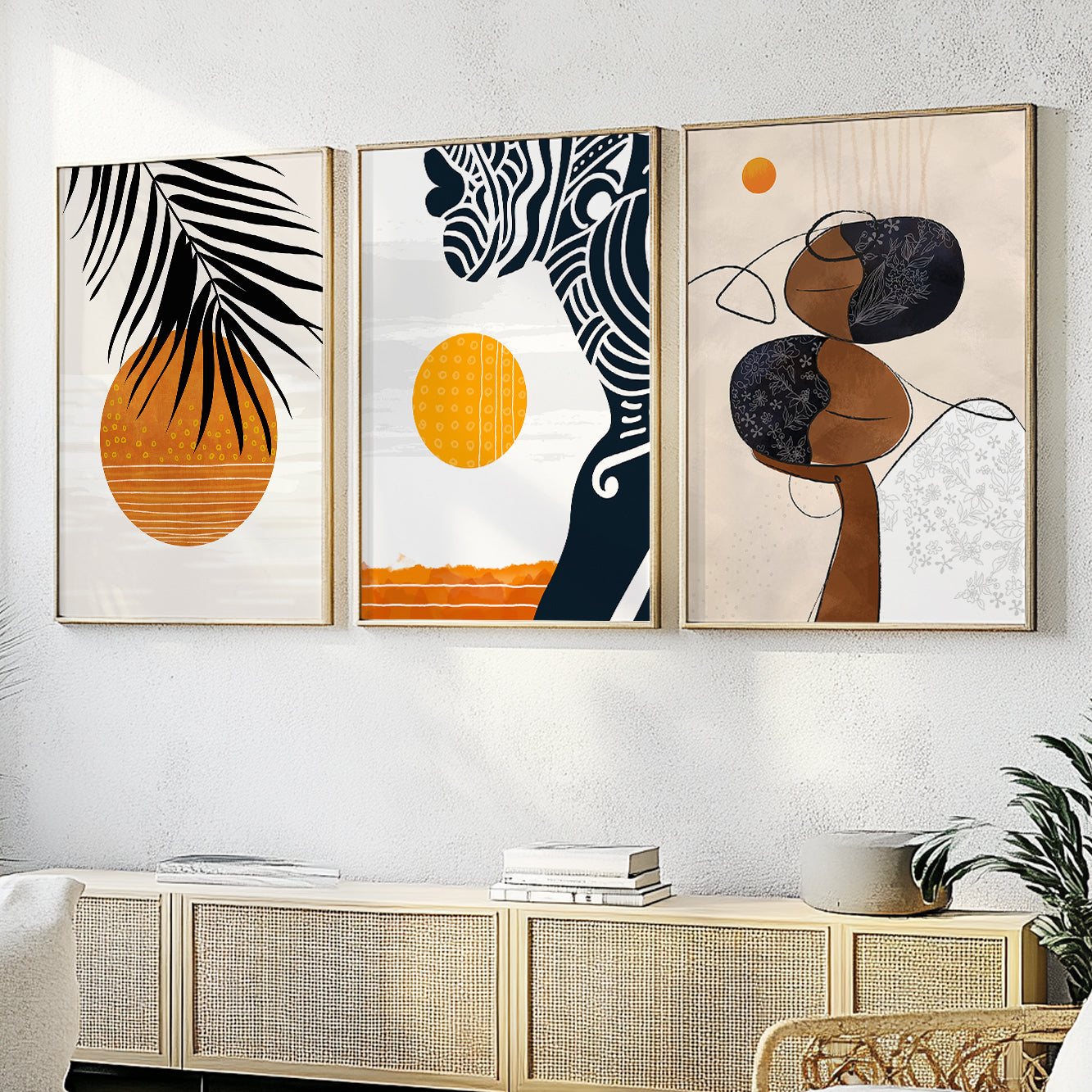 Colorful abstract African American art set of 3 prints – black woman portrait, contemporary minimalist room decor