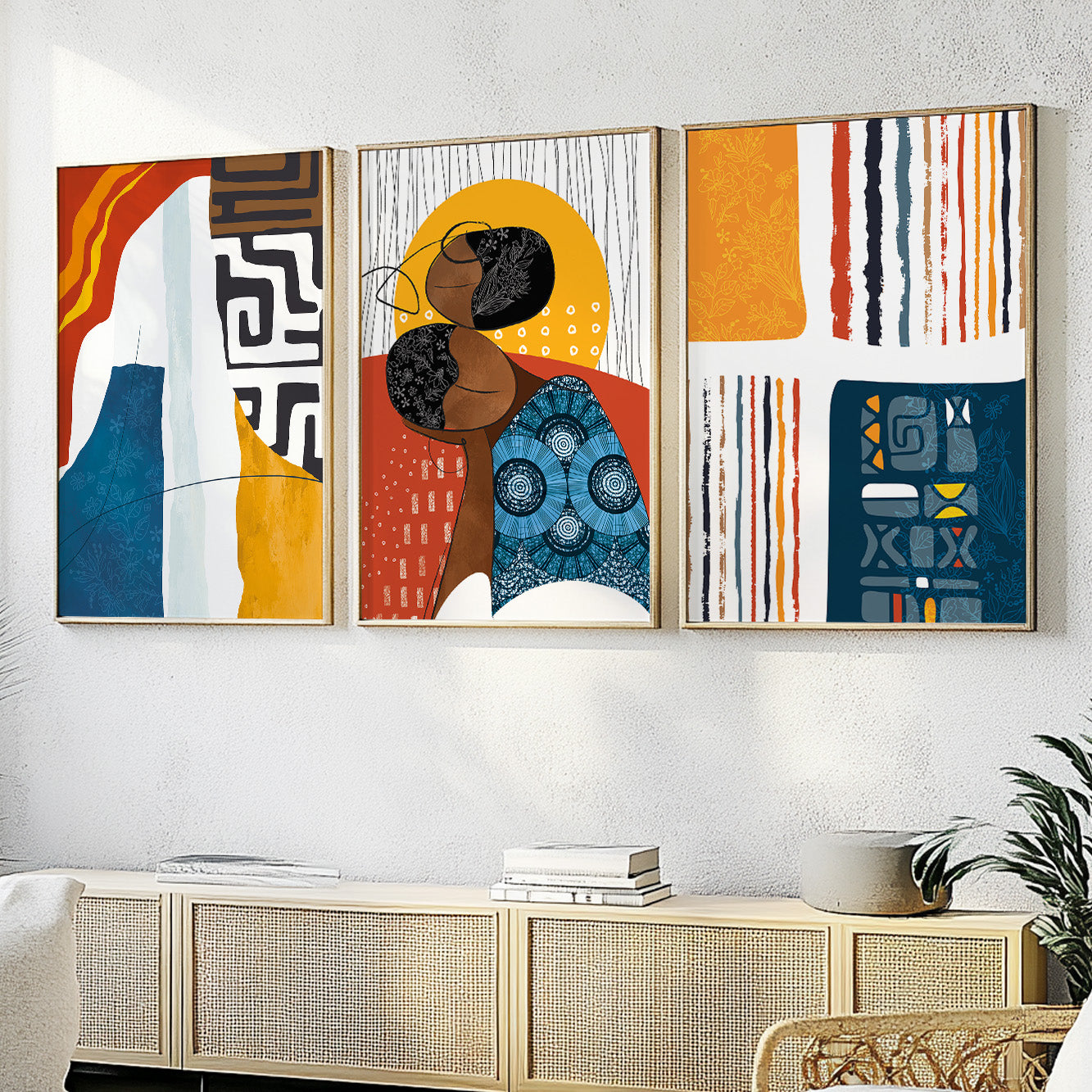 Minimalist African American art set of 3, vibrant abstract ethnic prints for aesthetic home decor