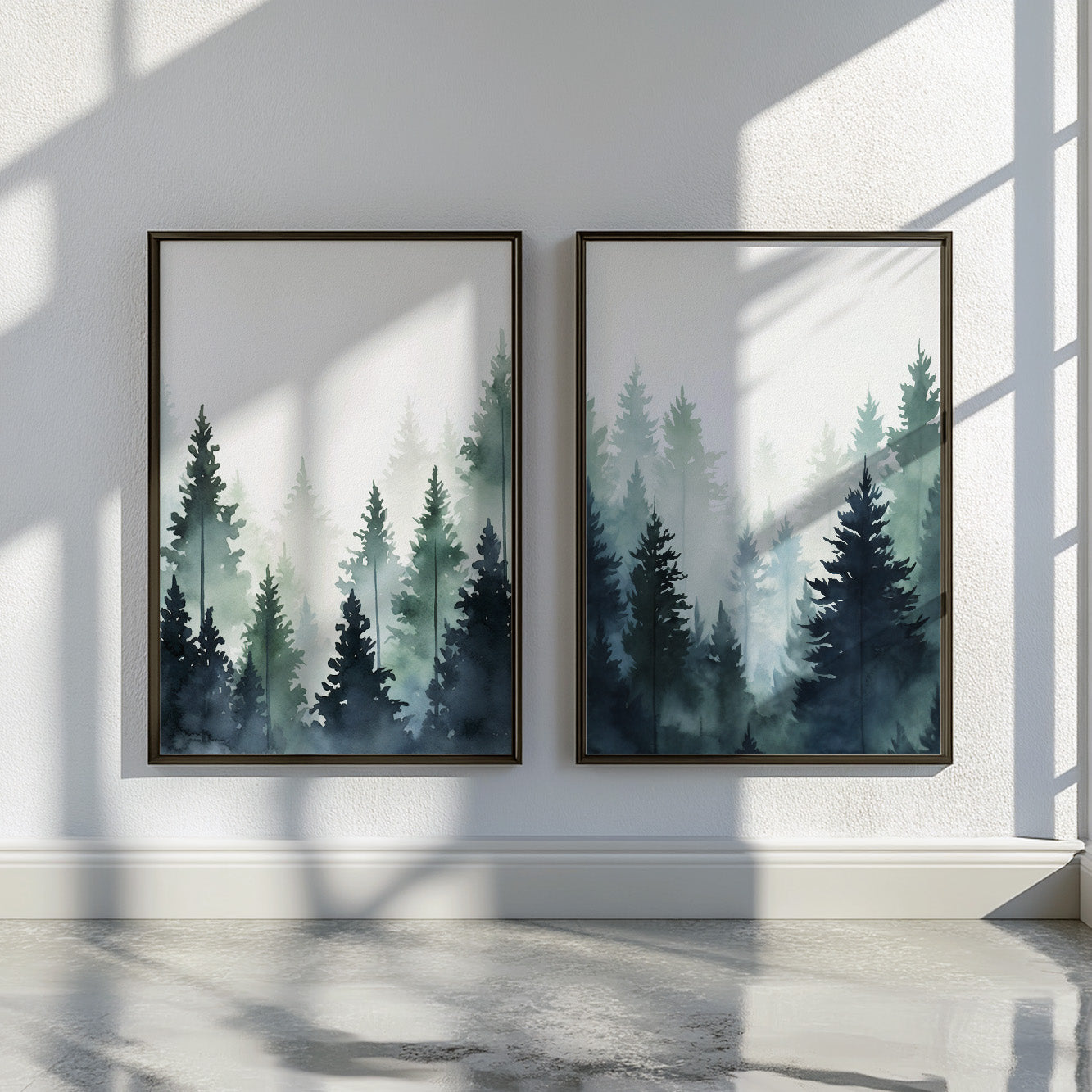 Scandinavian Forest Wall Art – Minimalist Mountain Pine Trees Print Set of 2