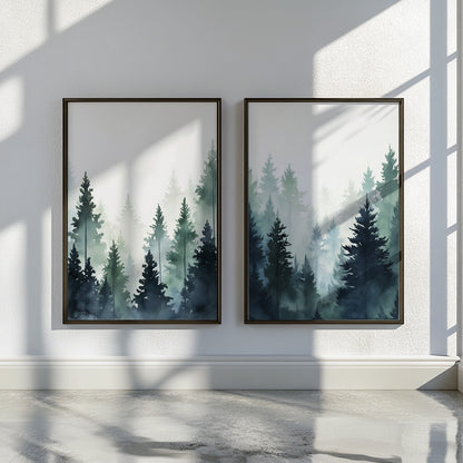 Scandinavian Forest Wall Art – Minimalist Mountain Pine Trees Print Set of 2