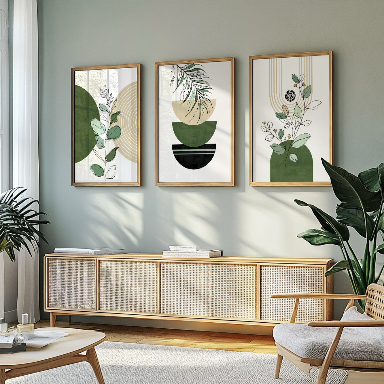 Green black boho wall art set of 3 prints. Mid century modern room decor aesthetic boho large gallery wall set poster.