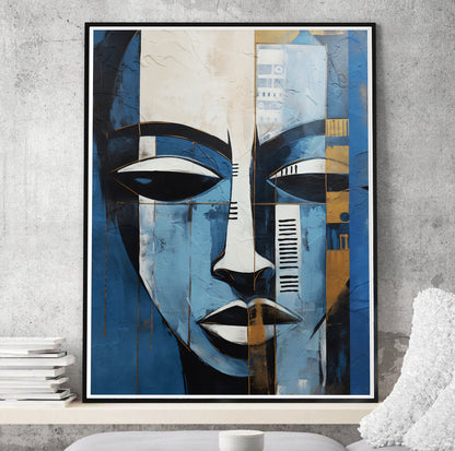 Modern navy blue grey abstract painting – woman portrait, minimalist living room decor