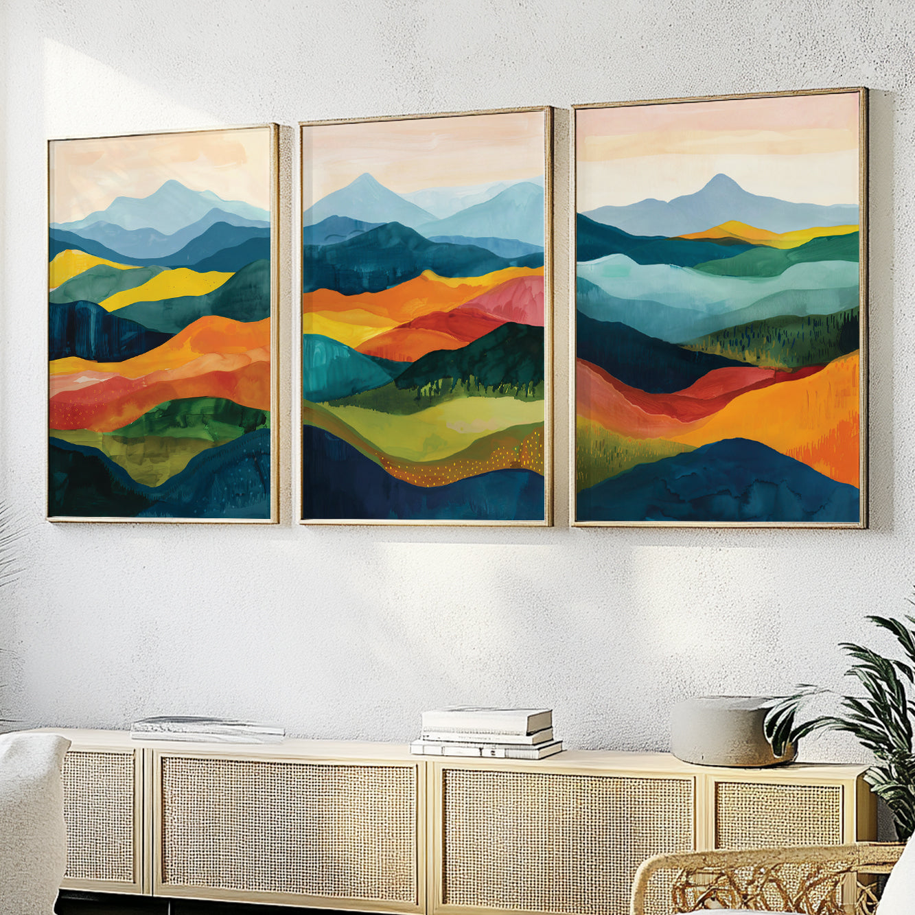 Bright Abstract Mountain Landscape Prints – Set of 3 Wall Art for Living Room