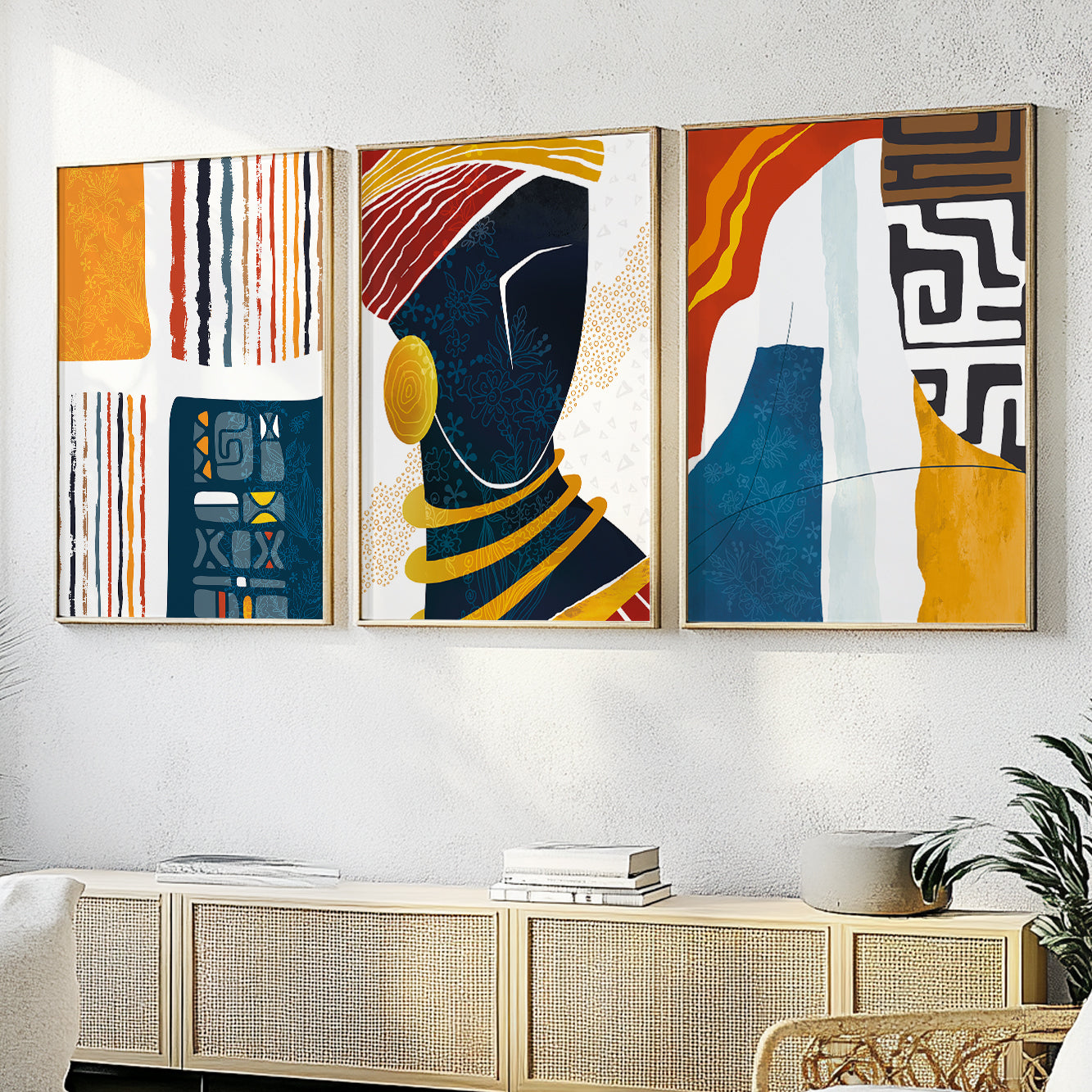 Abstract African Art Set of 3 – Vibrant Black Woman Portraits for Gallery Wall