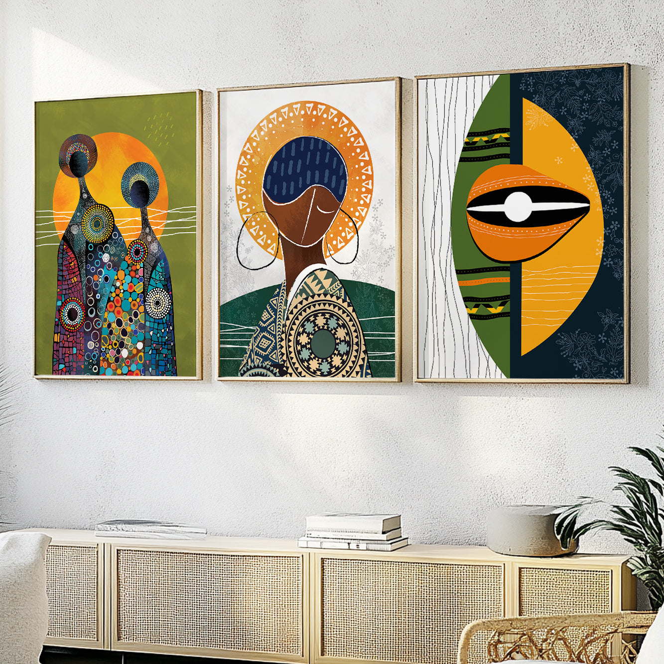 Modern colorful abstract African American art set, 3 prints of ethnic women for stylish apartment or living room