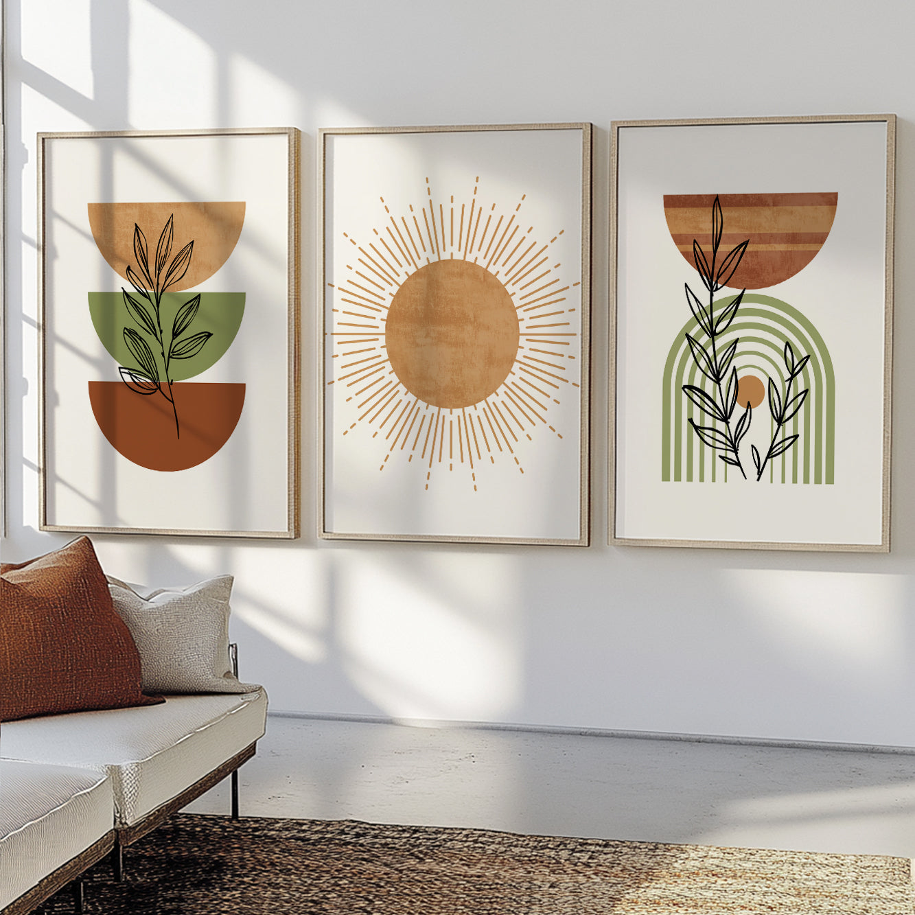 Terracotta green boho gallery wall set of 3. Mid century modern neutral gallery wall set poster. Bohemian livingroom, above bed large prints