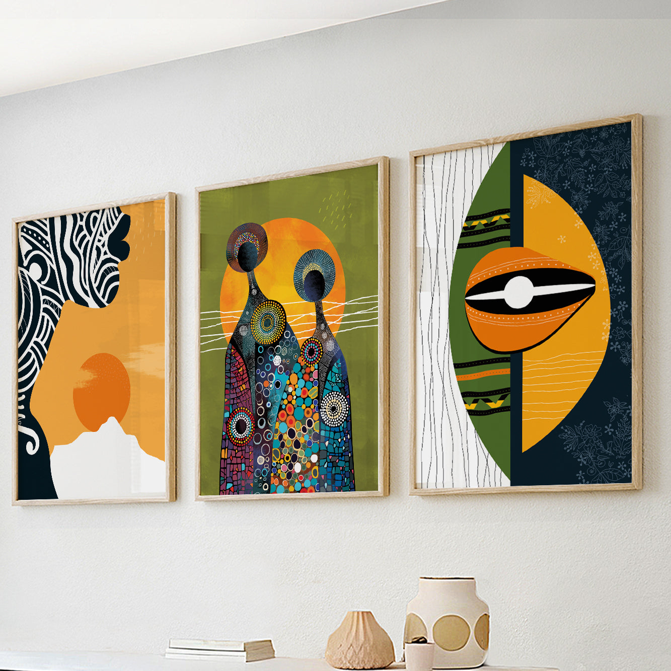 Vibrant abstract African American  art set of 3, featuring colorful faces and abstract figures for living room decor