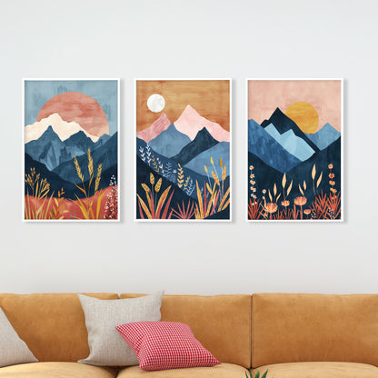 Boho Mountains Wall Art Set of 3 – Colorful Mid Century Style Prints