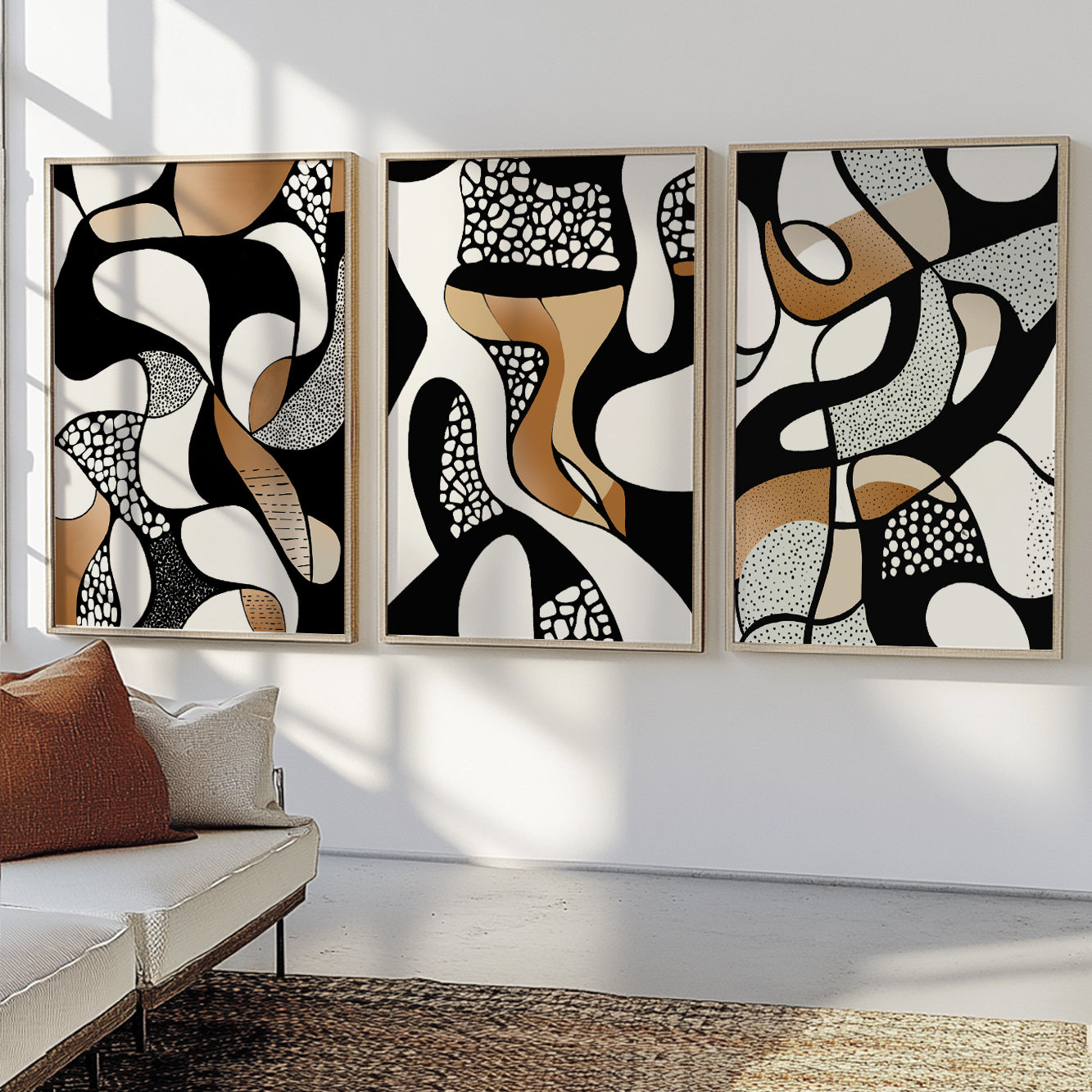 Abstrakte Wandkunst 3er Set – Geometrische nordische Schwarz-Weiß-Beige-Kunst