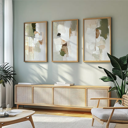 Olivgrün-Beige 3er-Set – Nordische minimalistische Pinselstrichkunst