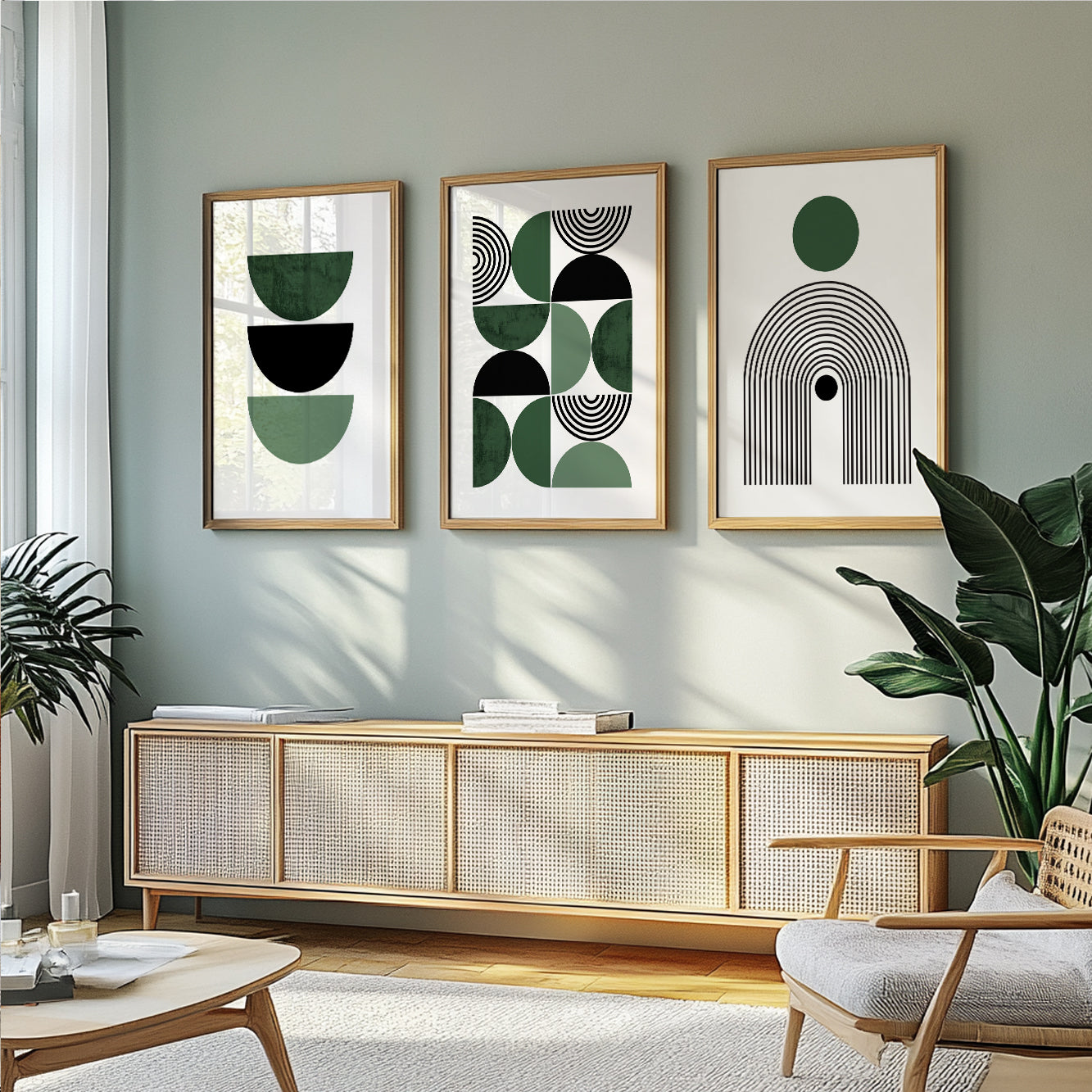 Set of 3 mid century modern art prints. Green boho print