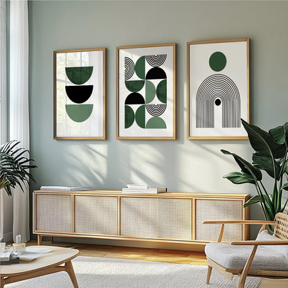 Set of 3 mid century modern art prints. Green boho print