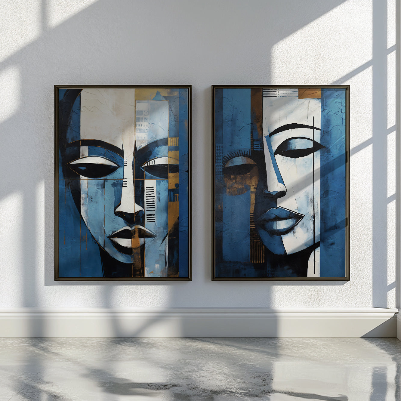 Set of 2 abstract woman portraits in navy blue tones, elegant and modern home decor