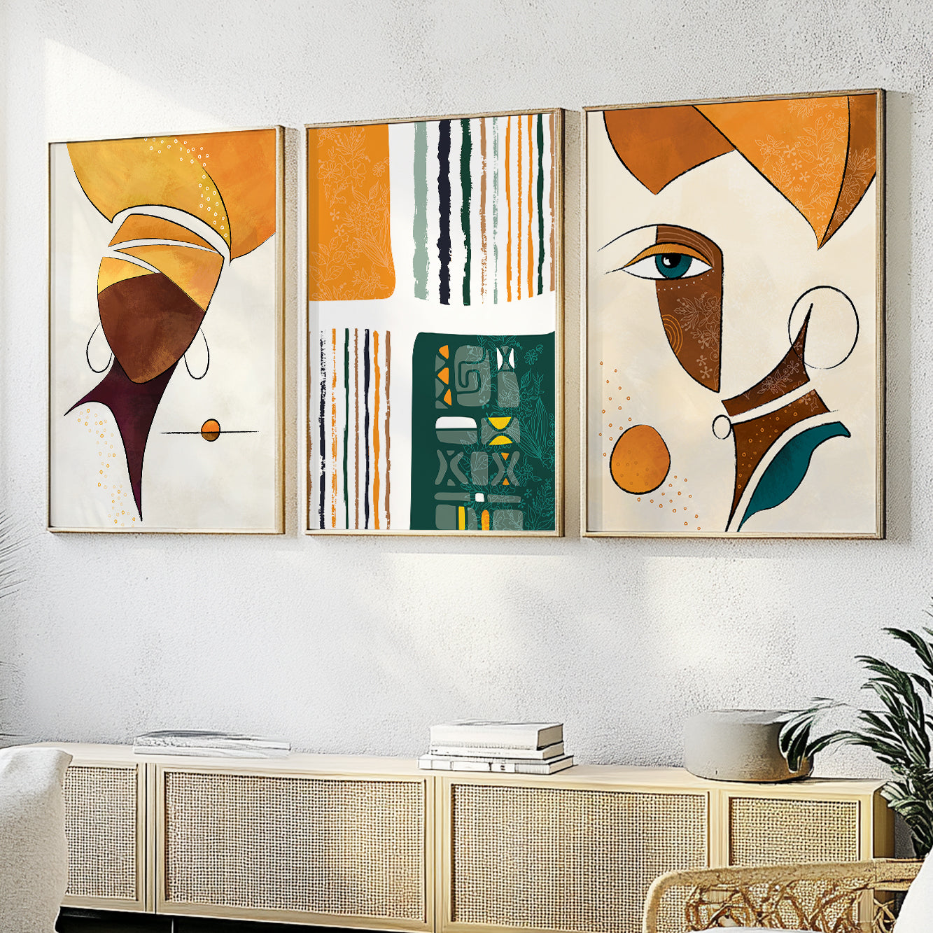 Colorful ethnic women abstract African art set of 3 prints, extra large posters for modern aesthetic decor