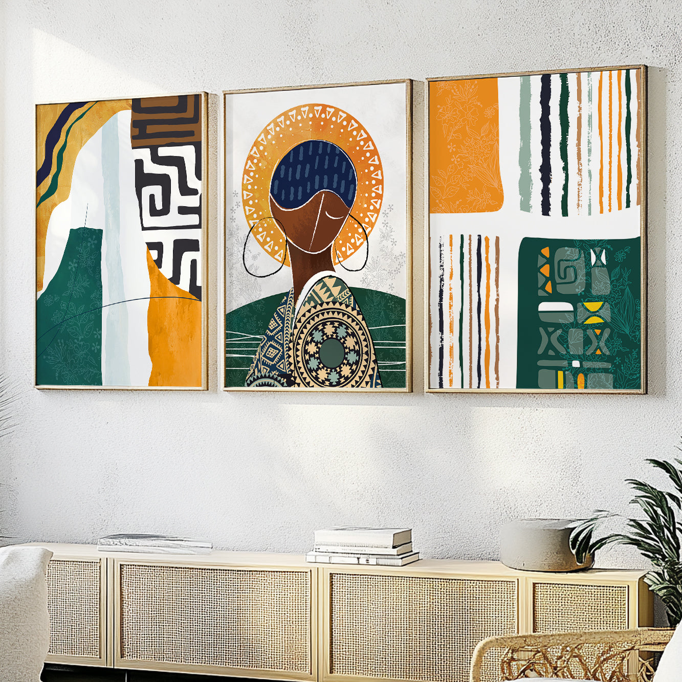 Contemporary black woman portrait set of 3, modern abstract African American gallery wall art