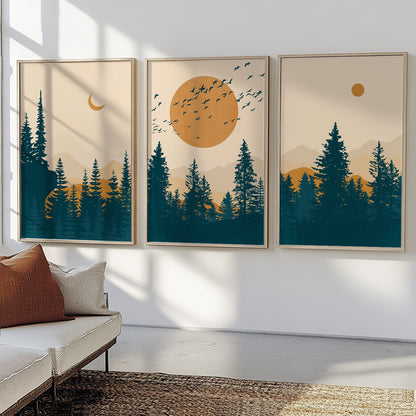 Mid Century Modern Mountain Wall Art Set of 3 – Terracotta and Deep Blue Abstract Landscape Posters for Living Room