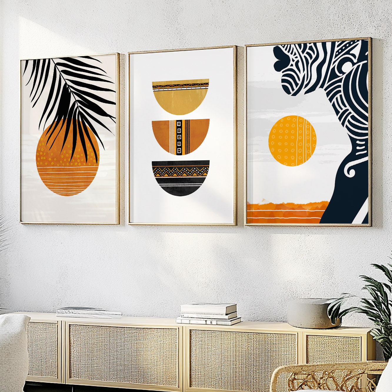 Modern African wall art set of 3, mid-century boho black woman portraits in earthy tones