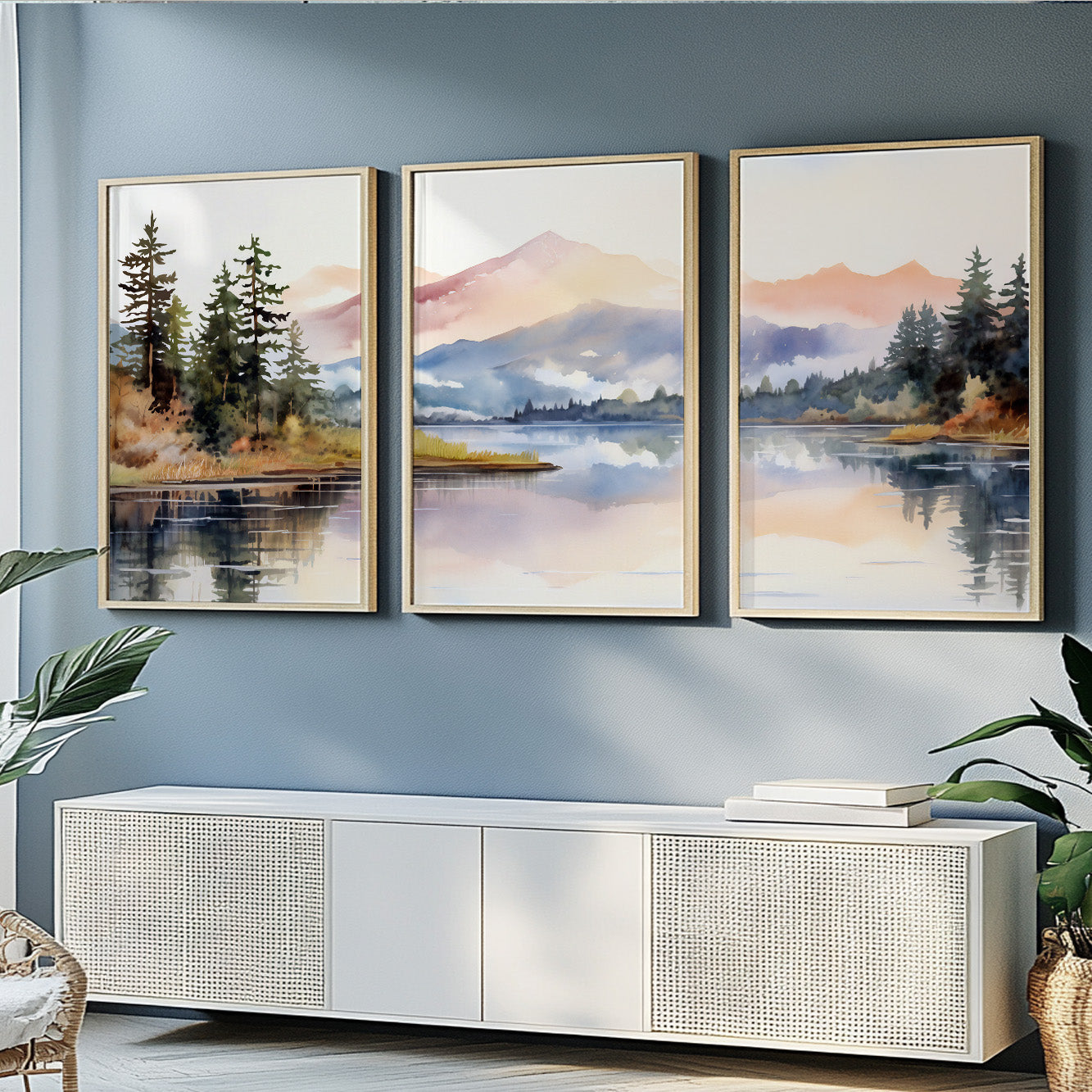 Pastel Mountain Wall Art Set – Modern Forest Lake Landscape Posters for Eclectic Decor