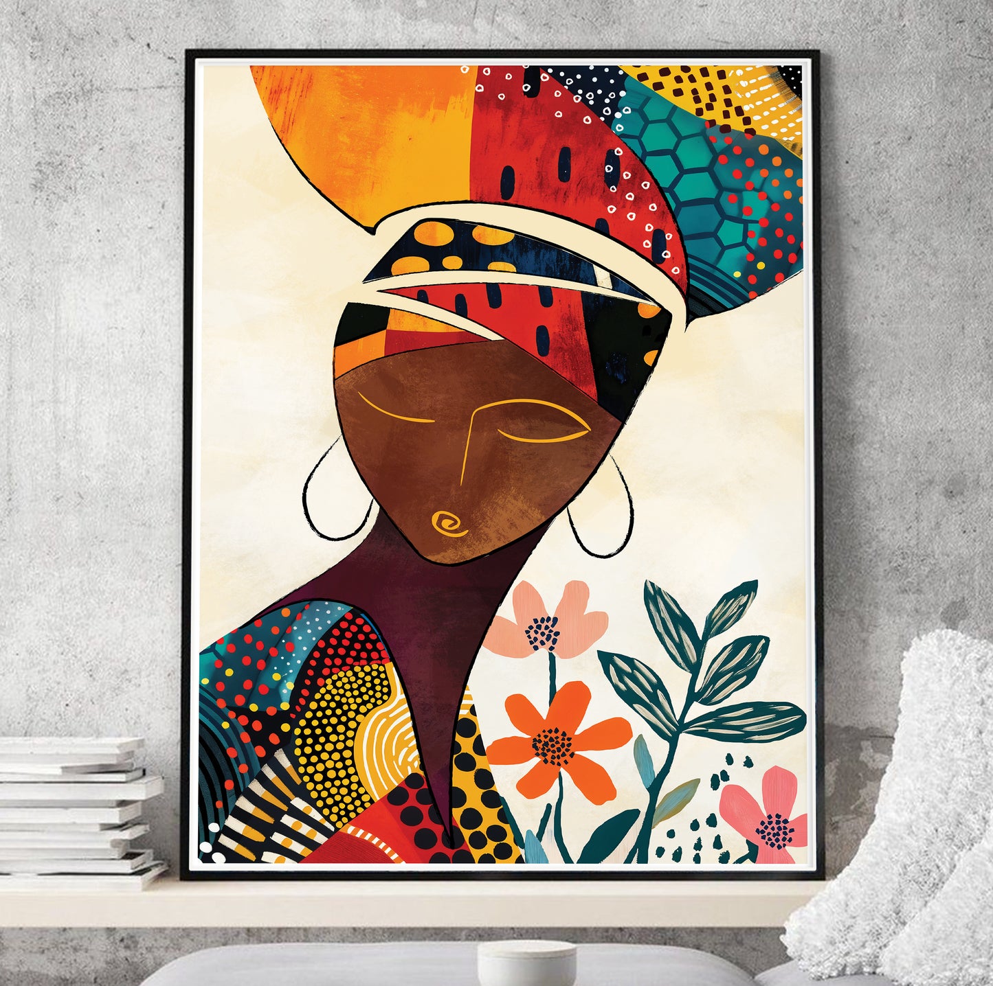 Contemporary African wall art – modern abstract black woman portrait for aesthetic interiors