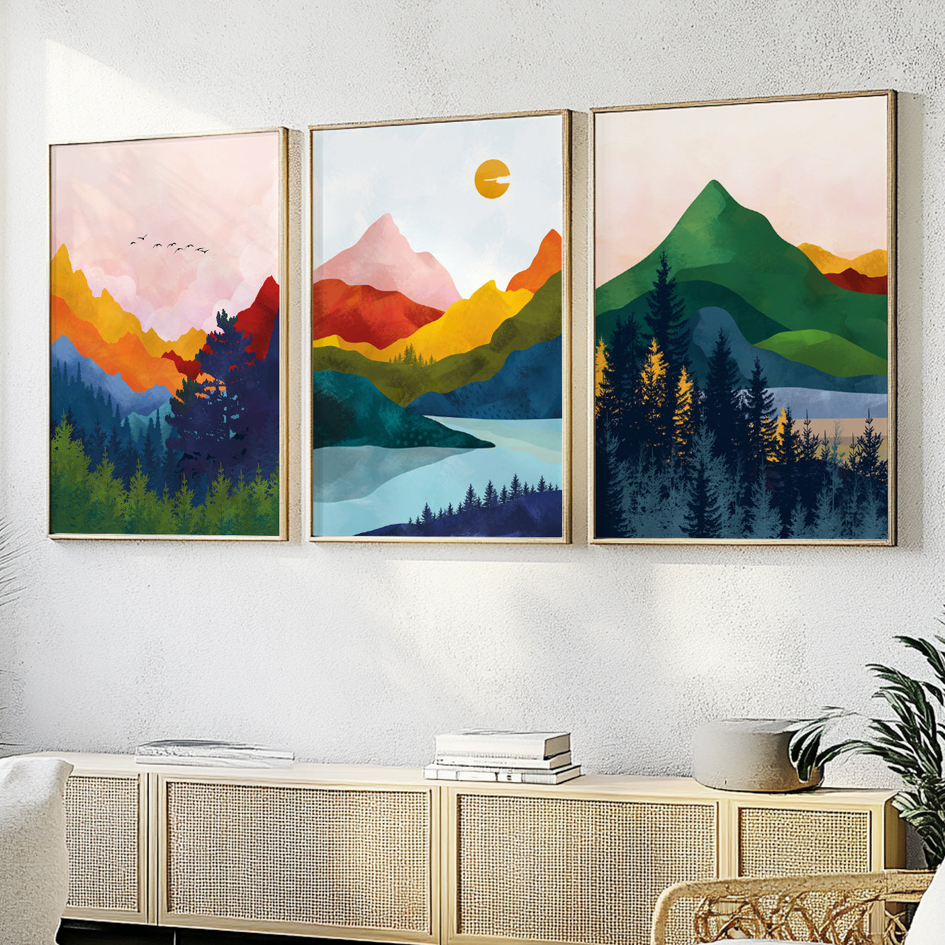 Vibrant Abstract Mountain Wall Art Set – Scandinavian Colorful 3 Piece Nordic Landscape Gallery Set