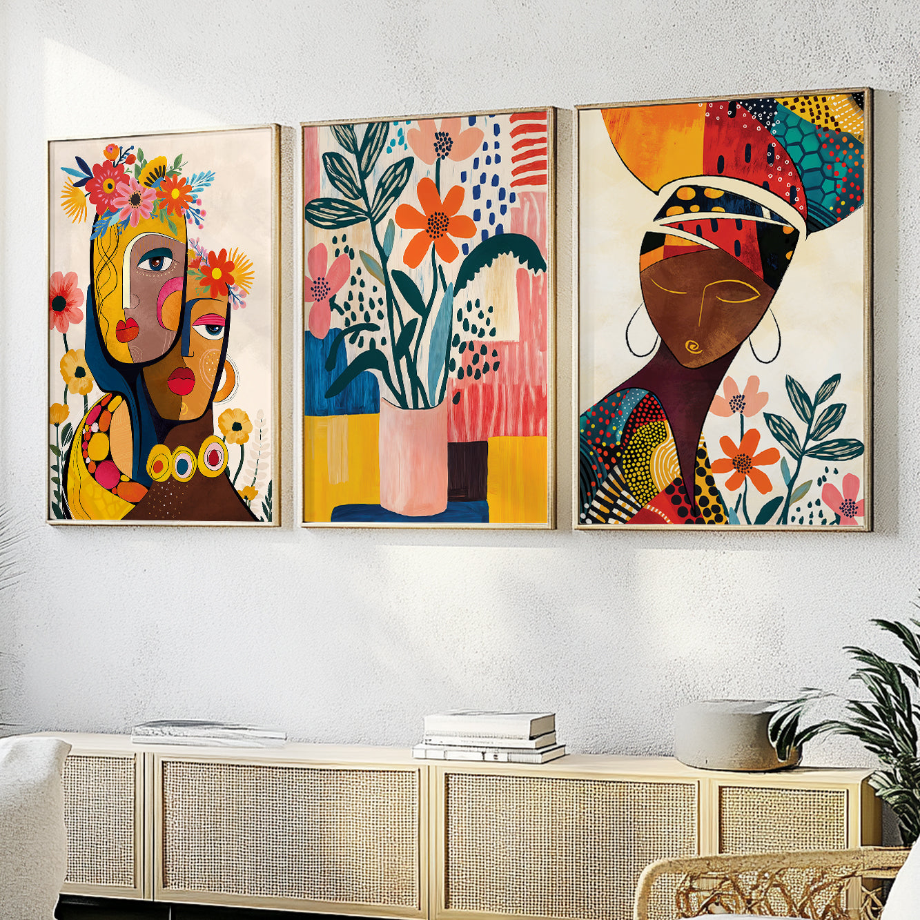 Aesthetic boho African art set of 3, colorful ethnic nature posters for large above bed wall decor